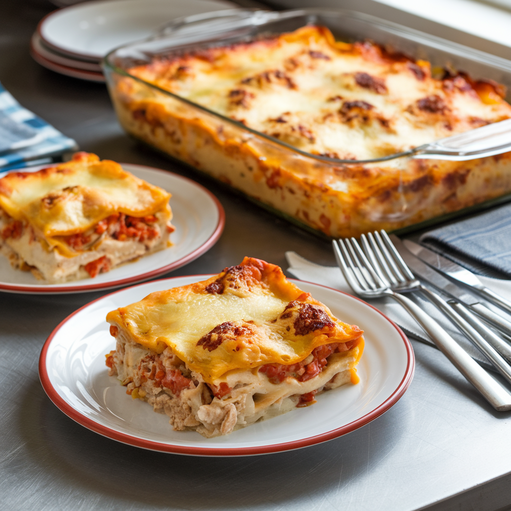 Two slices of lasagna and a baking dish of lasagna are set out on a kitchen counter