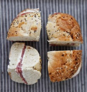 Everything bagel bites with salami and cream cheese