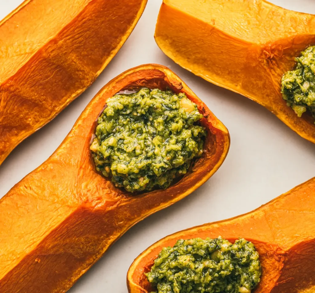 Roasted butternut squash halves stuffed with a green herb filling
