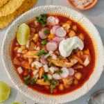 Bowl of red chicken pozole topped with radishes, onion and lime