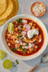 Bowl of red chicken pozole topped with radishes, onion and lime