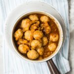 Chicken teriyaki meatballs in a small saucepan