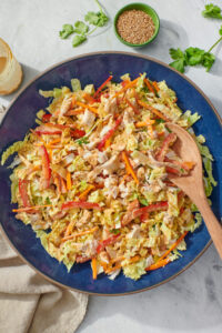 Chinese chicken salad with cabbage, carrots and peppers on a blue platter