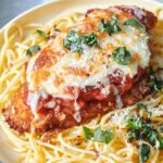 Crispy chicken parmesan with melted cheese and basil over spaghetti