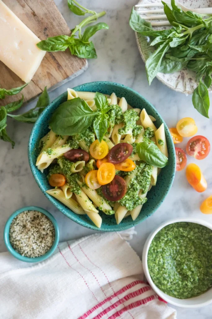 Penne tossed with hemp seed pesto, fresh basil and cherry tomatoes in a teal bowl, with a dish of extra pesto and hemp seeds