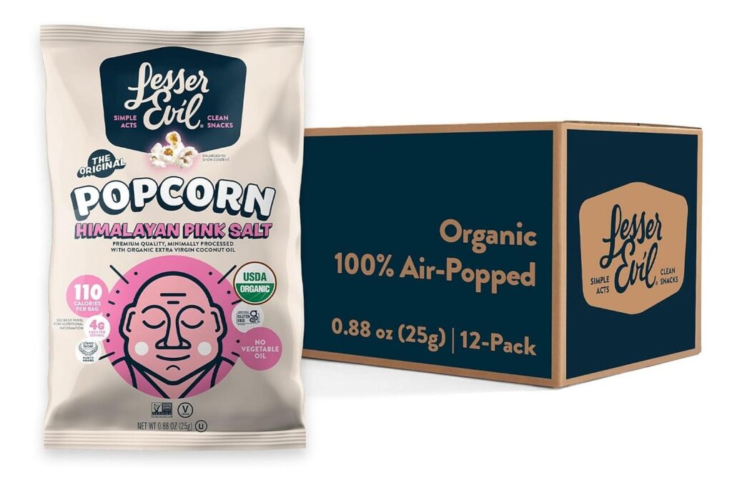 a package of LesserEvil Himalayan Pink Salt Organic Popcorn