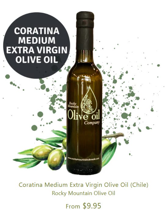 Bottle of Coratina medium extra virgin olive oil from Rocky Mountain Olive Oil