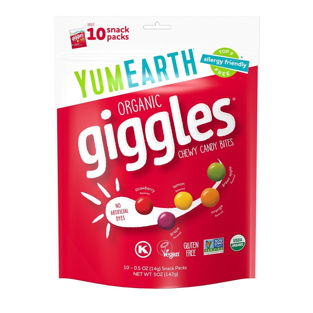 a bag of YumEarth Organic Giggles Chewy Candy on a white backround