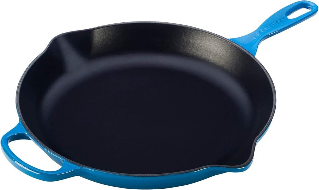 Blue Le Creuset cast iron skillet