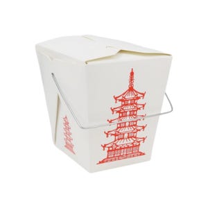 White Chinese takeout container with a red pagoda design