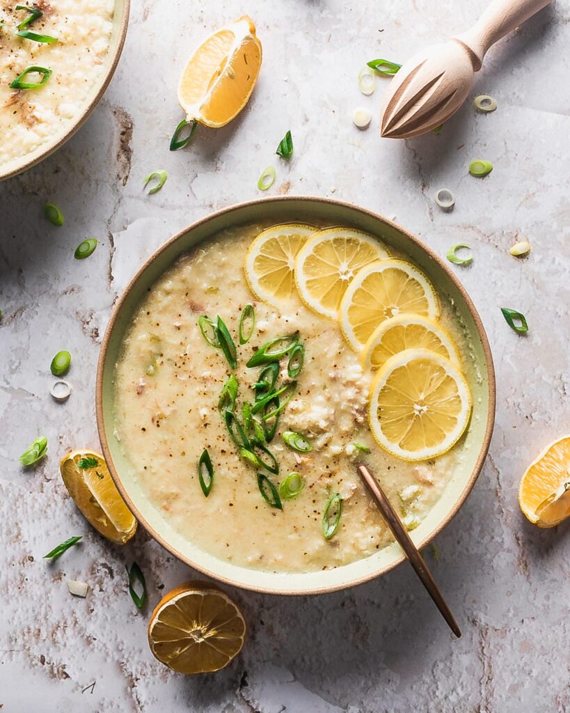 a bowl of Greek creamy chicken lemon rice soup
