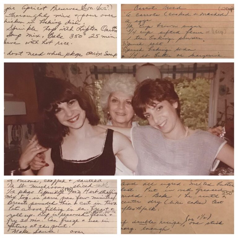 Emmi, her sister and their mom, framed by her mother’s handwritten recipe cards