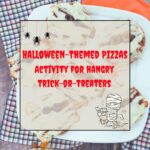 Mummy pizzas on a white plate with the title Halloween-Themed Pizzas Activity for Hangry Trick-or-Treaters