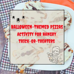 Mummy pizzas on a white plate with the title Halloween-Themed Pizzas Activity for Hangry Trick-or-Treaters