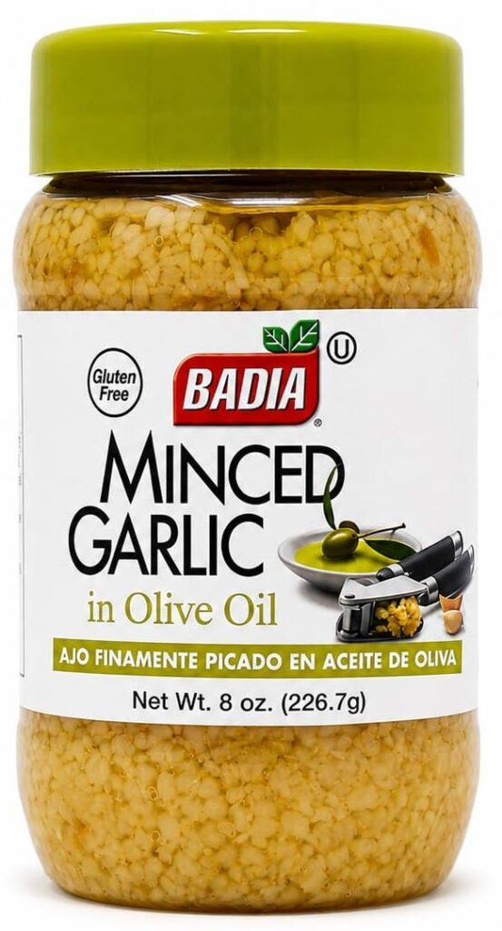 a jar of Badia Minced Garlic, 8 oz on a white background