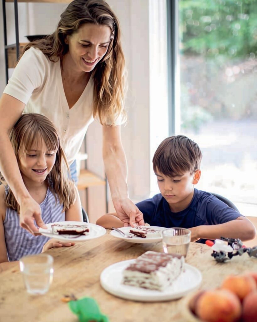 Katie Button serving slices of icebox cake to her daughter and son at the kitchen table