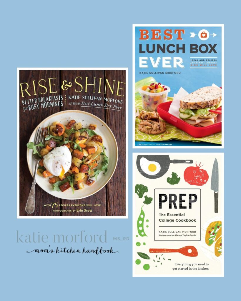 Covers of Katie Morford's three cookbooks: Rise & Shine, Best Lunch Box Ever, and Prep