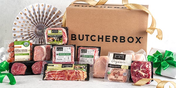 ButcherBox gift box with cuts of beef, pork, chicken and bacon