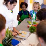 A woman stands over a cutting board showing five kids how to safely use a knife