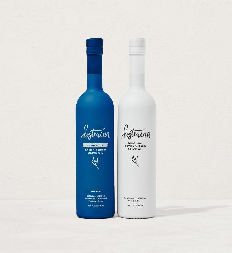 Kosterina Everyday and Original extra virgin olive oil bottles