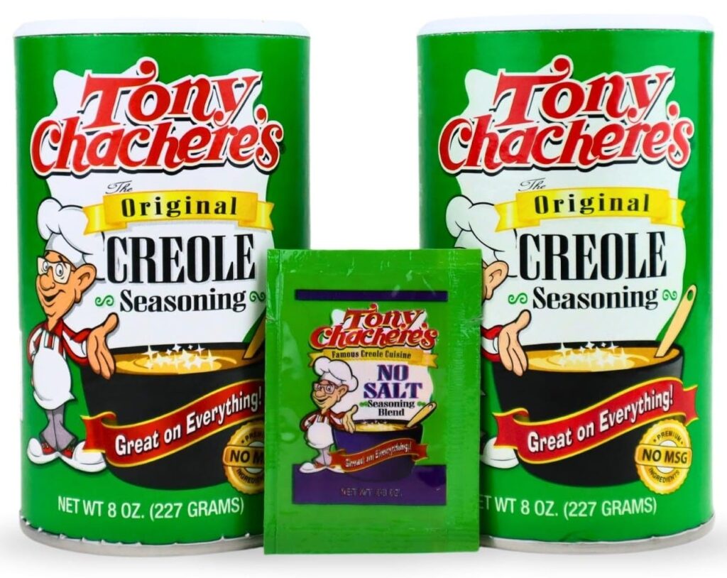 Tony Chachere's Creole and Cajun Seasoning Canisters 2 packs and 1 packet on a white background