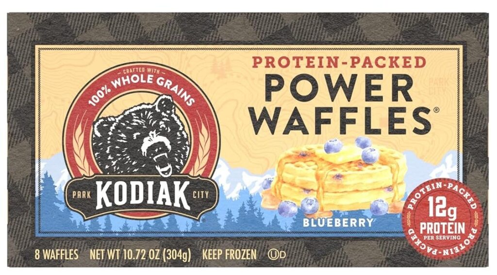 a box of Kodiak Cakes Power Waffles Blueberry on white background