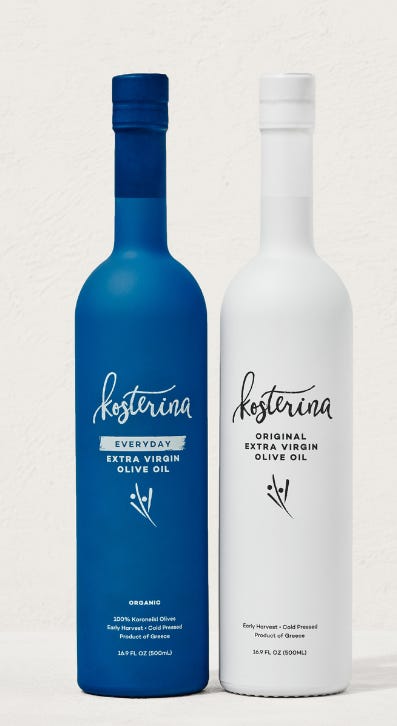 a blue and white bottle of Kosterina Extra Virgin Duo