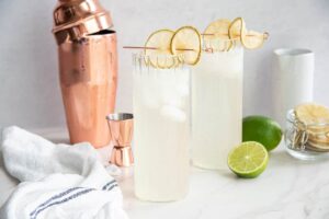 Two highballs with Gin Rickey Cocktail in them.