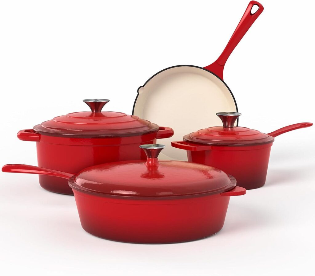 Kitchen Academy Enameled Cast Iron Cookware Sets in red on white background