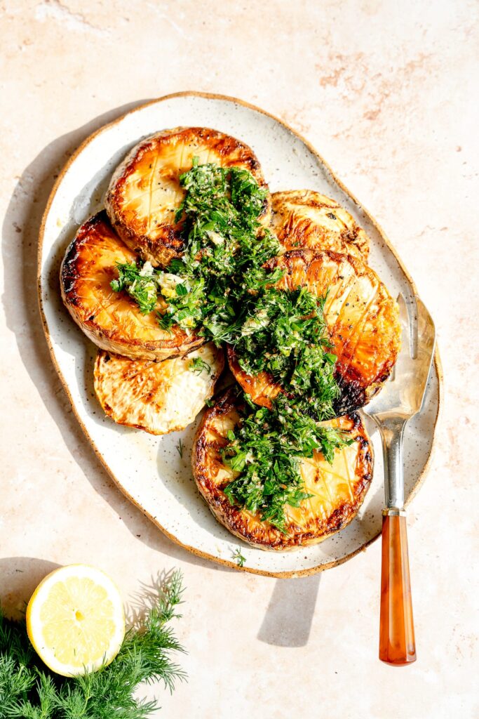 Celery Root “Steak” with Horseradish and Parsley Chimmichurri 