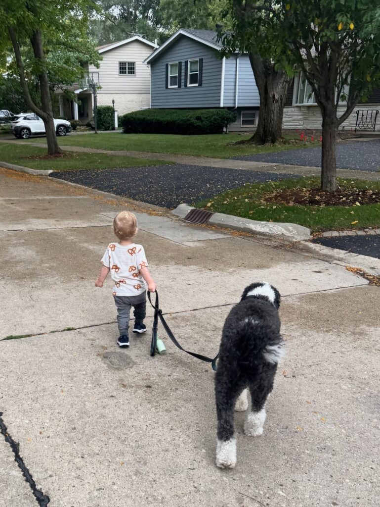 Micah’s son walking the family dog, Buckwheat