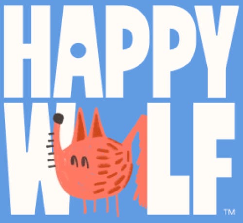 Happy Wolf logo with an orange wolf illustration