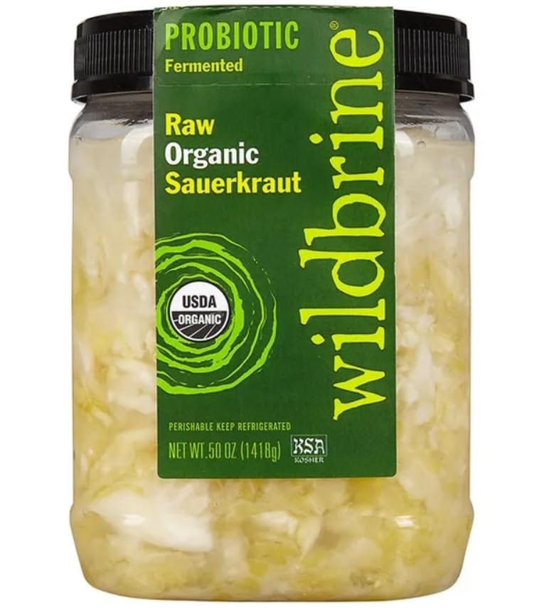 a 50 oz jar of Raw Organic Sauerkraut on a white background