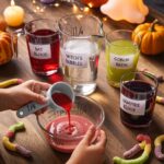A child pours red Bat Blood potion into a measuring cup beside labeled jars of Witch’s Bubbles, Goblin Brew and Vampire Elixir