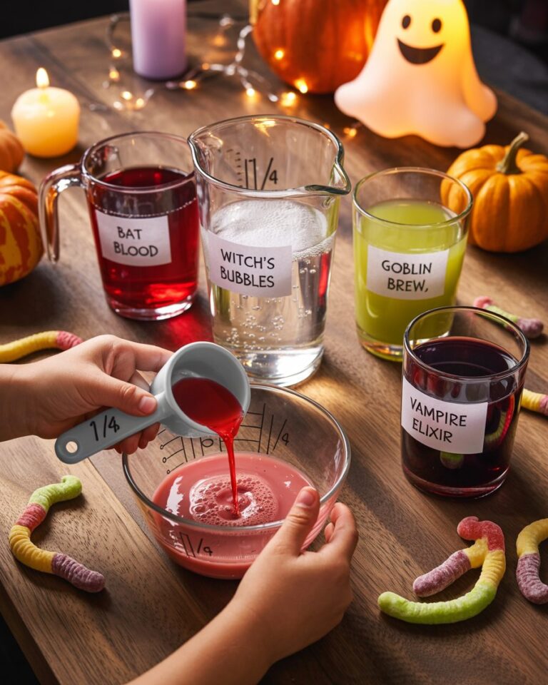 A child pours red Bat Blood potion into a measuring cup beside labeled jars of Witch’s Bubbles, Goblin Brew and Vampire Elixir