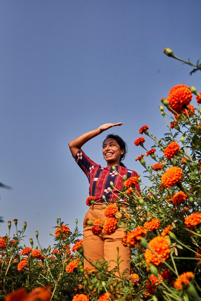 Sana Javeri Kadri among marigolds in the Guntur district, India