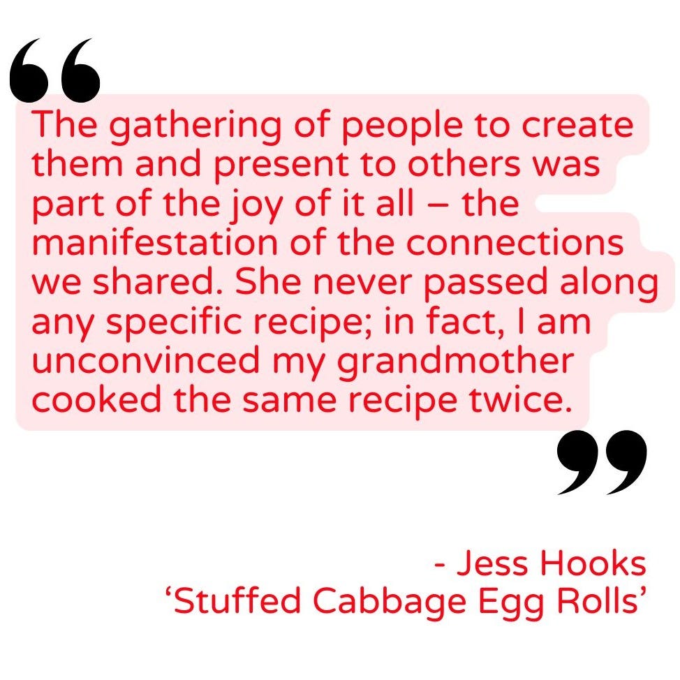 Quote card from Jess Hooks’ ‘Stuffed Cabbage Egg Rolls’ about their grandmother