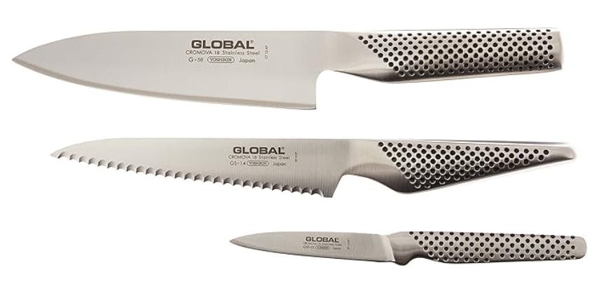 Three Knives - Global brand - chef's knife, serrated knife, and a paring knife - on a white background