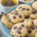 Chocolate chip cookies on a blue plate